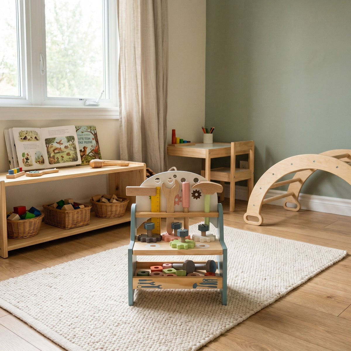 Montessori-miniwerkbank met gereedschap