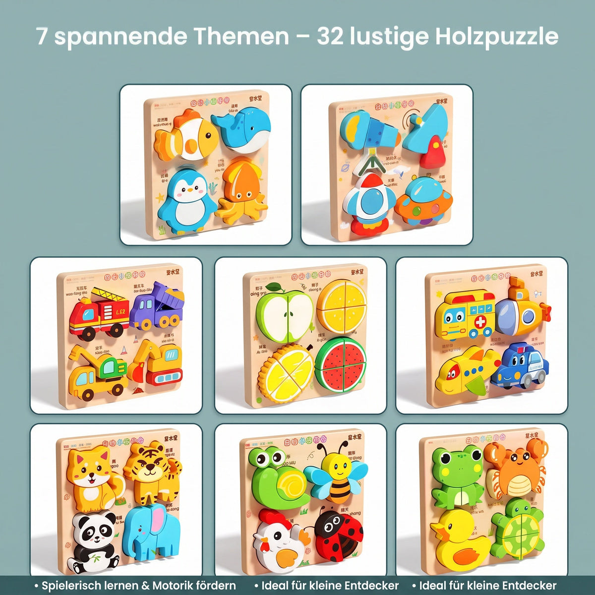 32 Montessori-houten puzzels met motieven