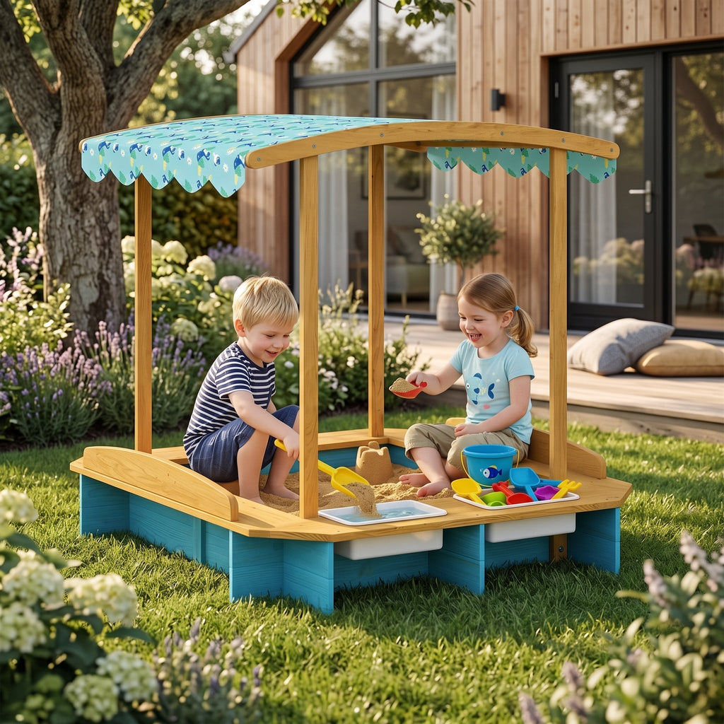 Montessori-zandbak met dak & watergedeelte