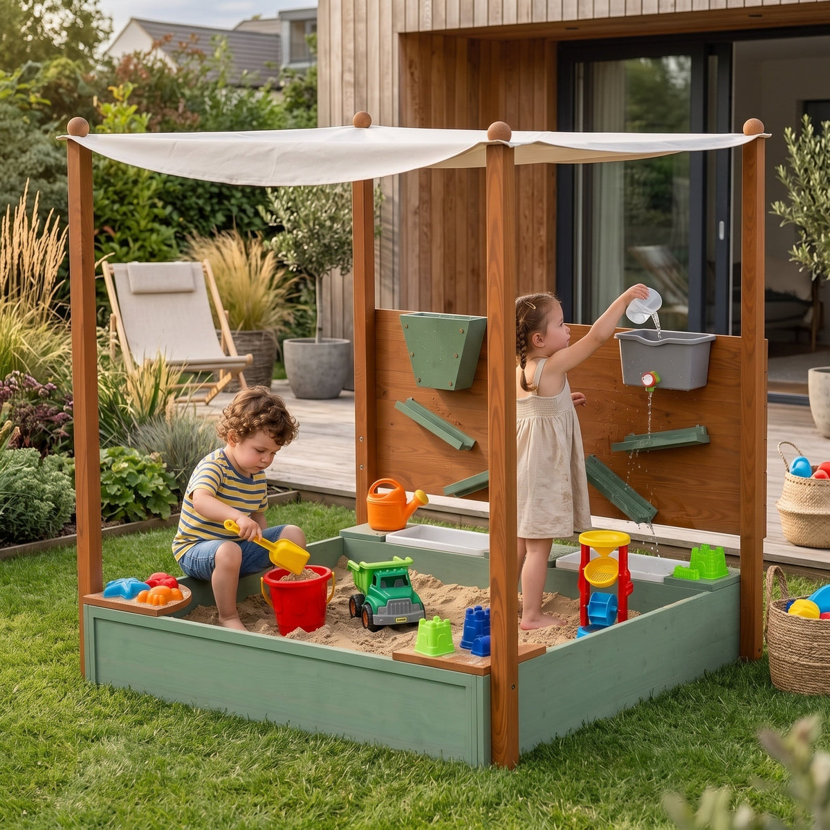 Montessori-zandbak met waterstation