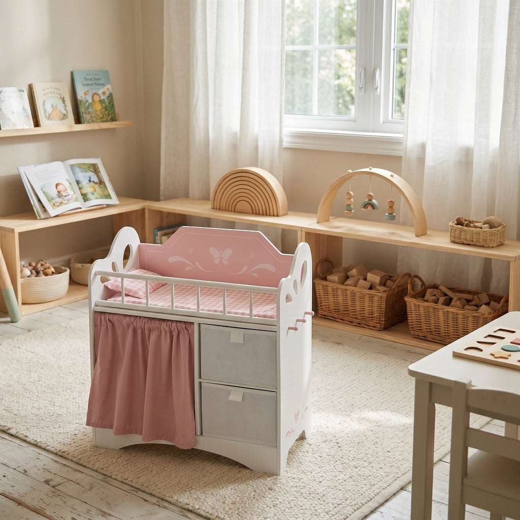 Montessori-poppenbed met kledingkast