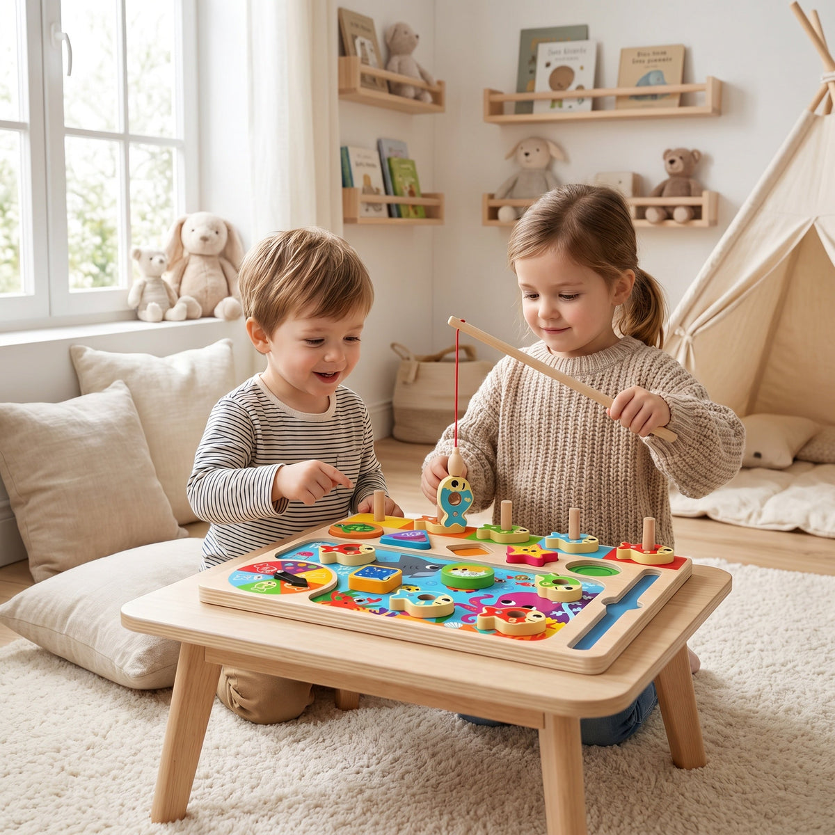 Montessori-houten visspel met kleursortering