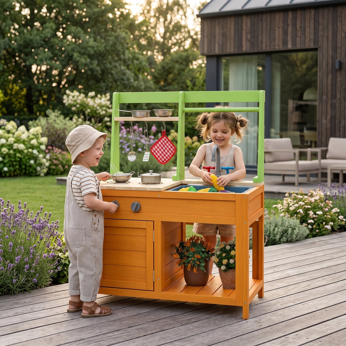 Montessori-buitenkeuken met plantgedeelte