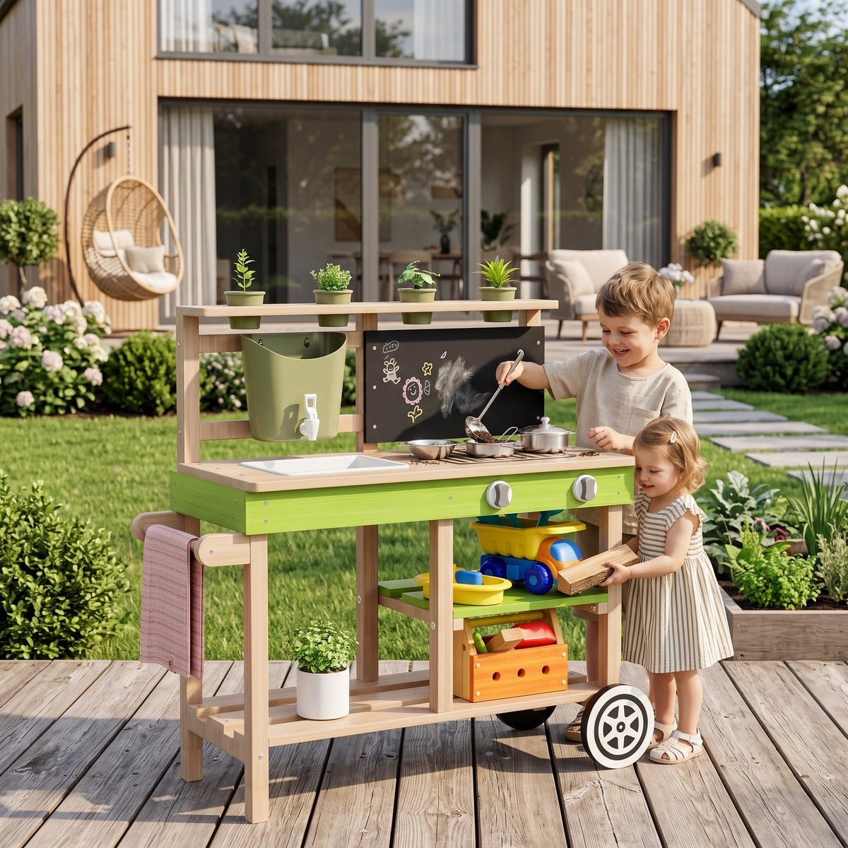 Mobiele Montessori-buitenkeuken met spoelbak