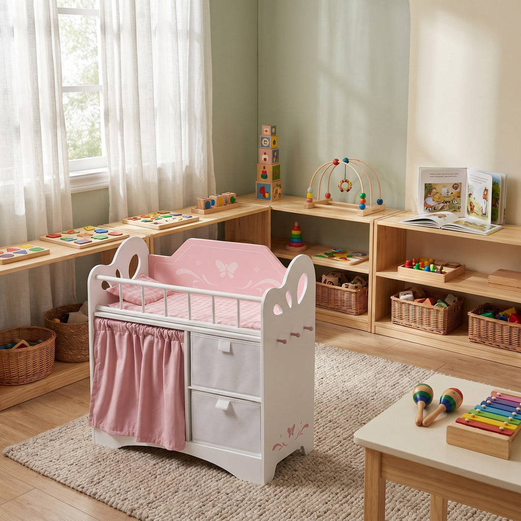 Montessori-poppenbed met kledingkast