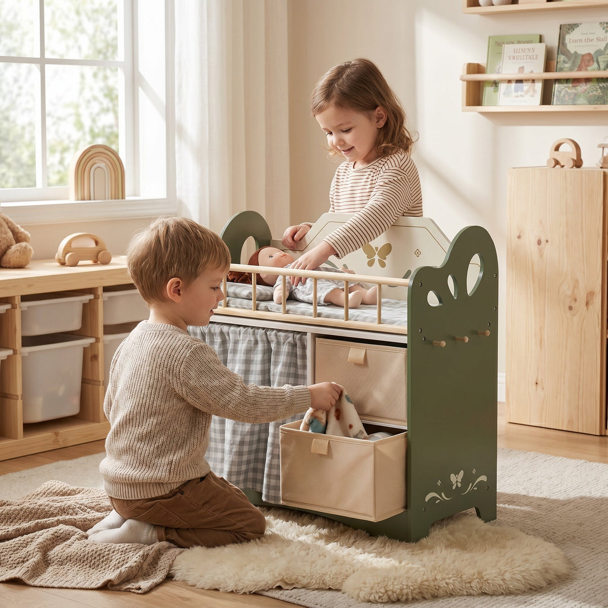 Montessori-poppenbed met kledingkast