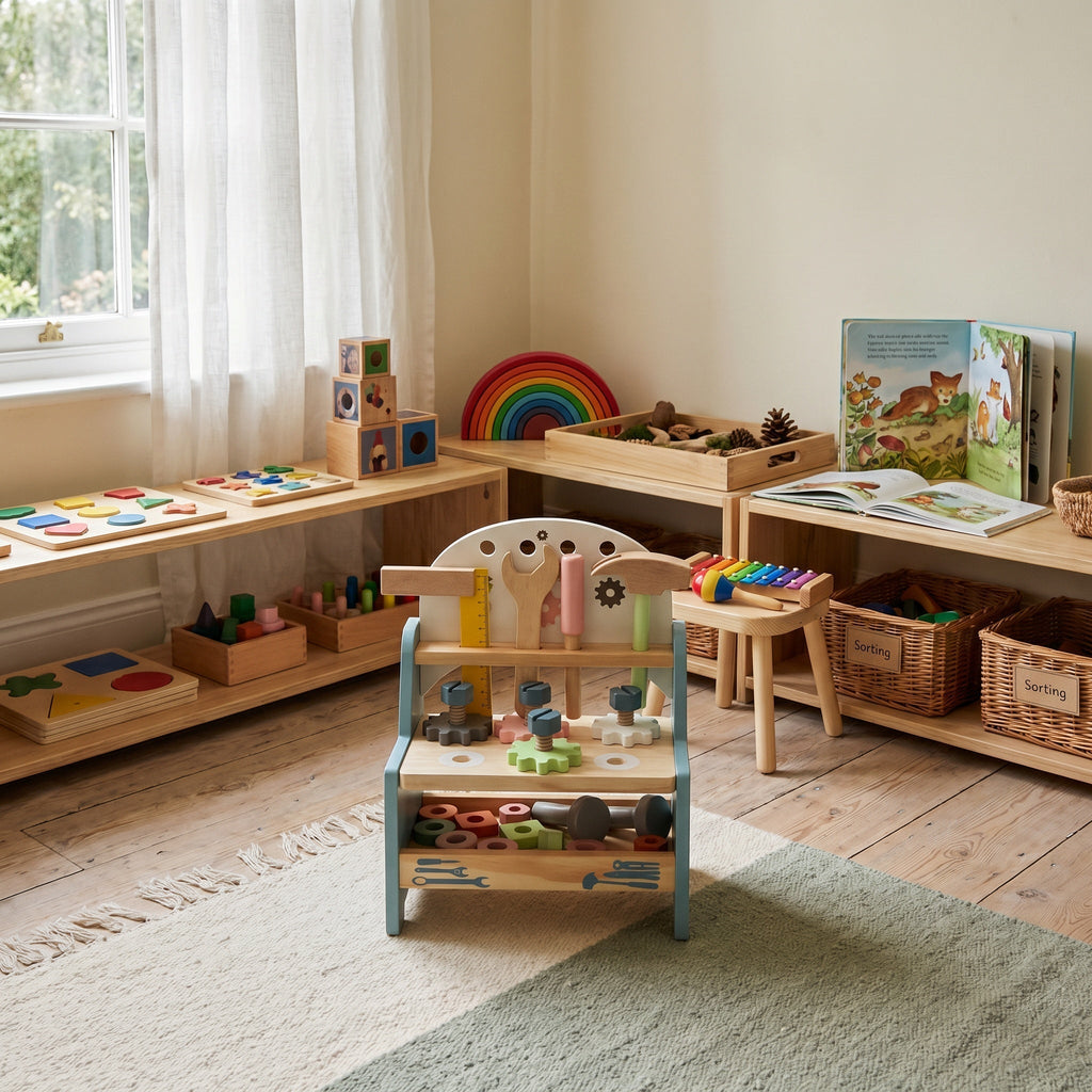 Montessori-miniwerkbank met gereedschap
