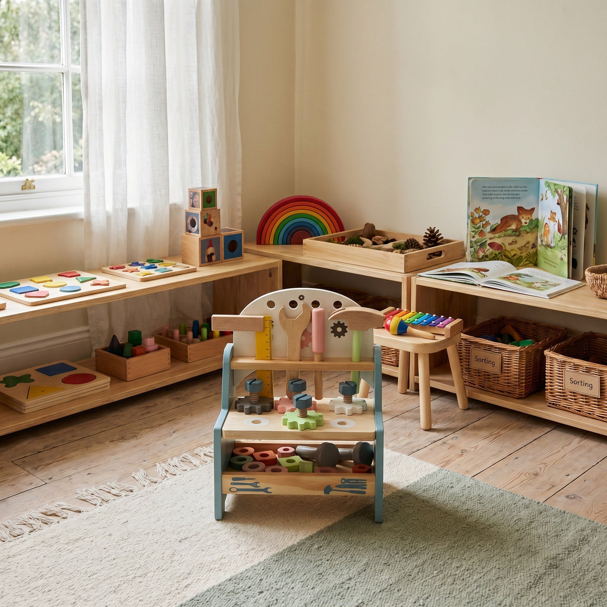 Montessori-miniwerkbank met gereedschap
