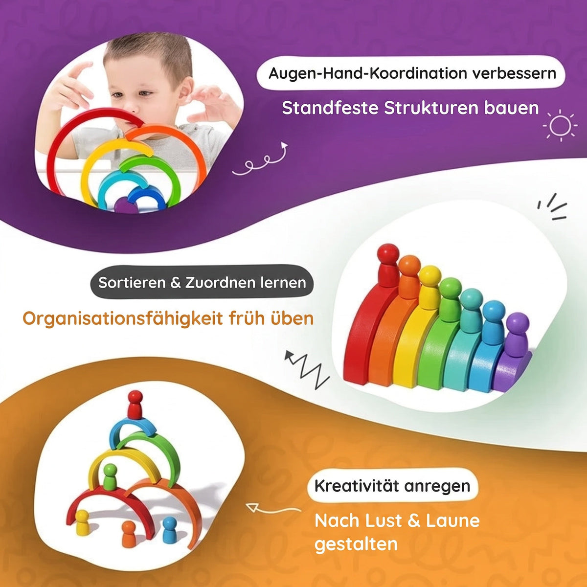 Montessori-regenboogstapelspel met figuren