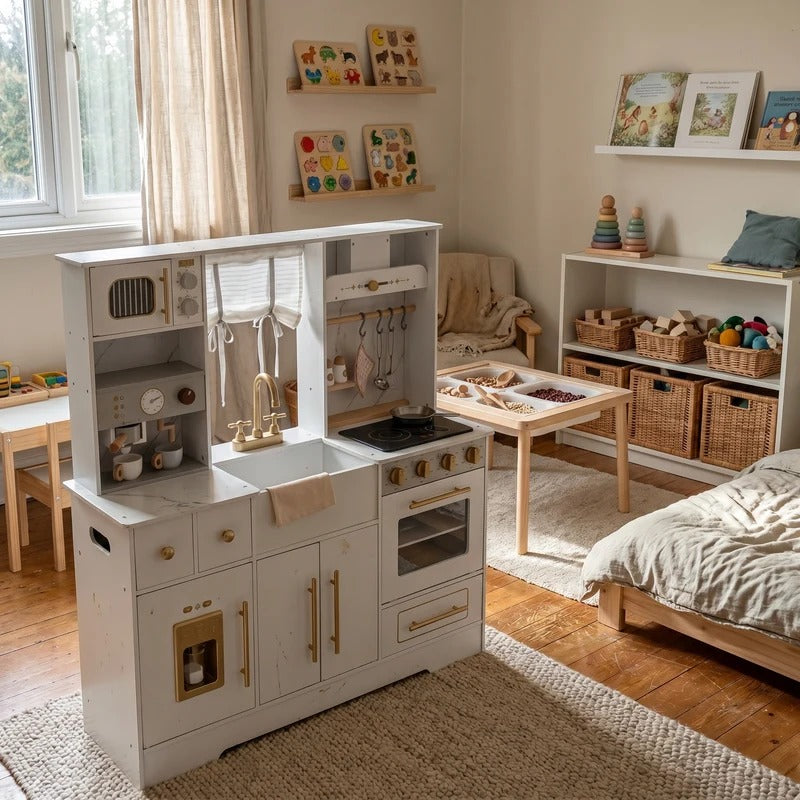 Montessori-houten keuken met spoelbak & opbergruimte