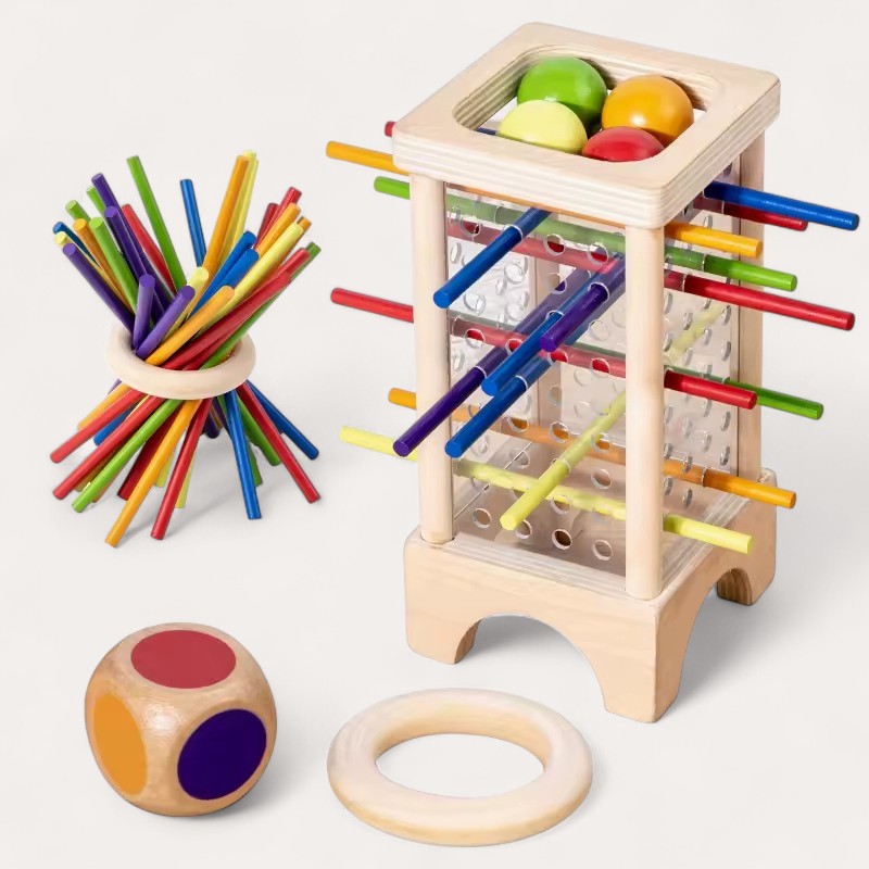 Montessori-kogeltoren met gekleurde staafjes