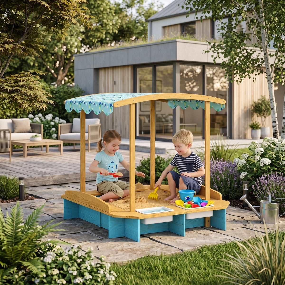 Montessori-zandbak met dak & watergedeelte