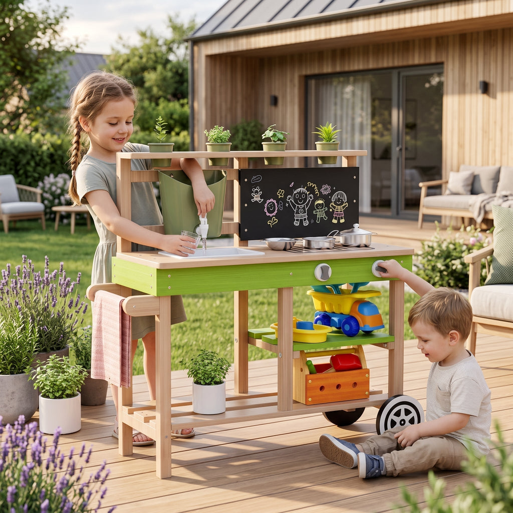 Mobiele Montessori-buitenkeuken met spoelbak