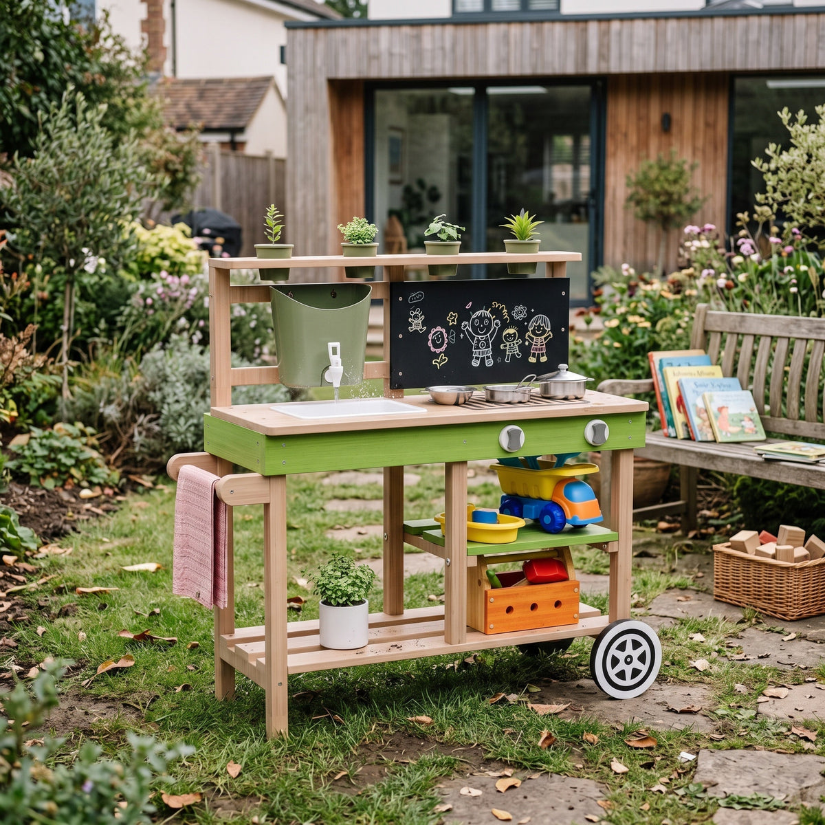 Mobiele Montessori-buitenkeuken met spoelbak