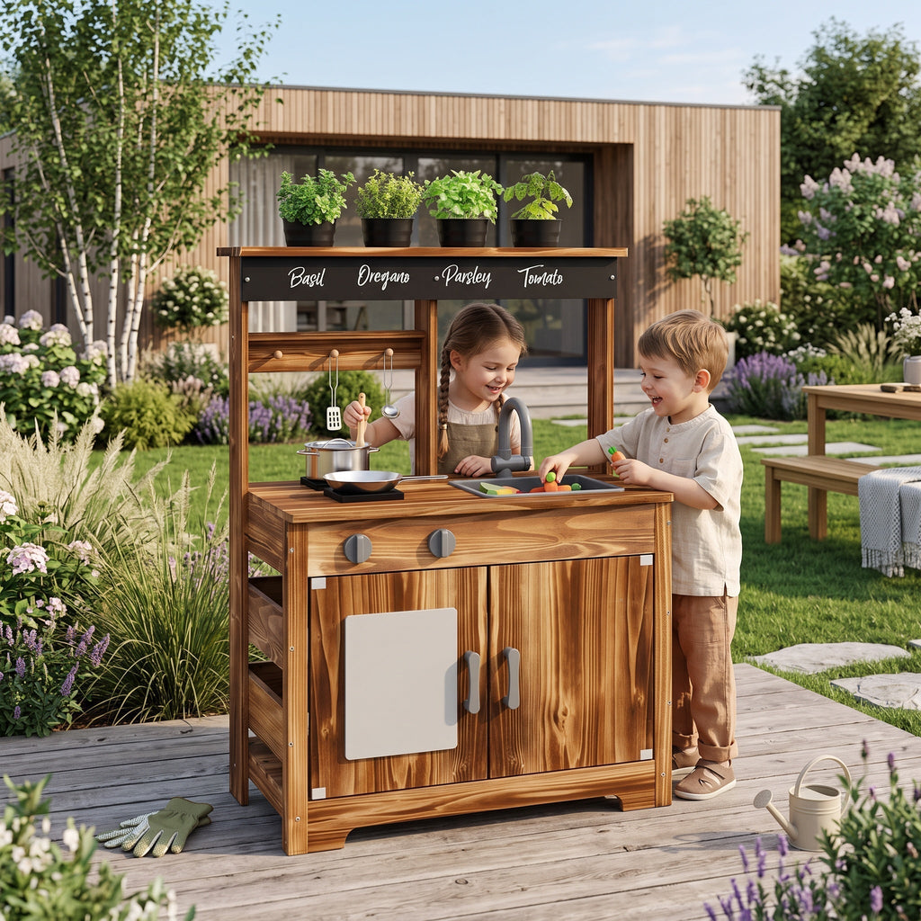 Montessori-houten keuken met spoelbak & kruidenvak