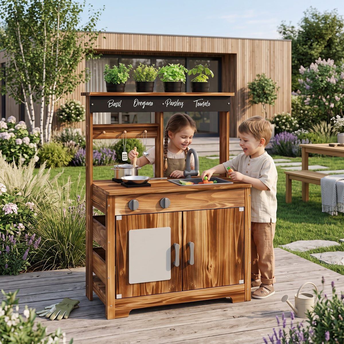 Montessori-houten keuken met spoelbak & kruidenvak