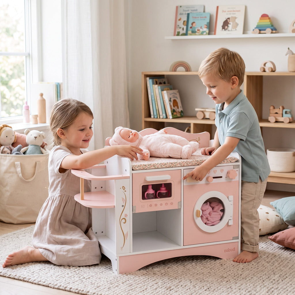 6-in-1 Montessori-poppenverzorgingsstation van hout