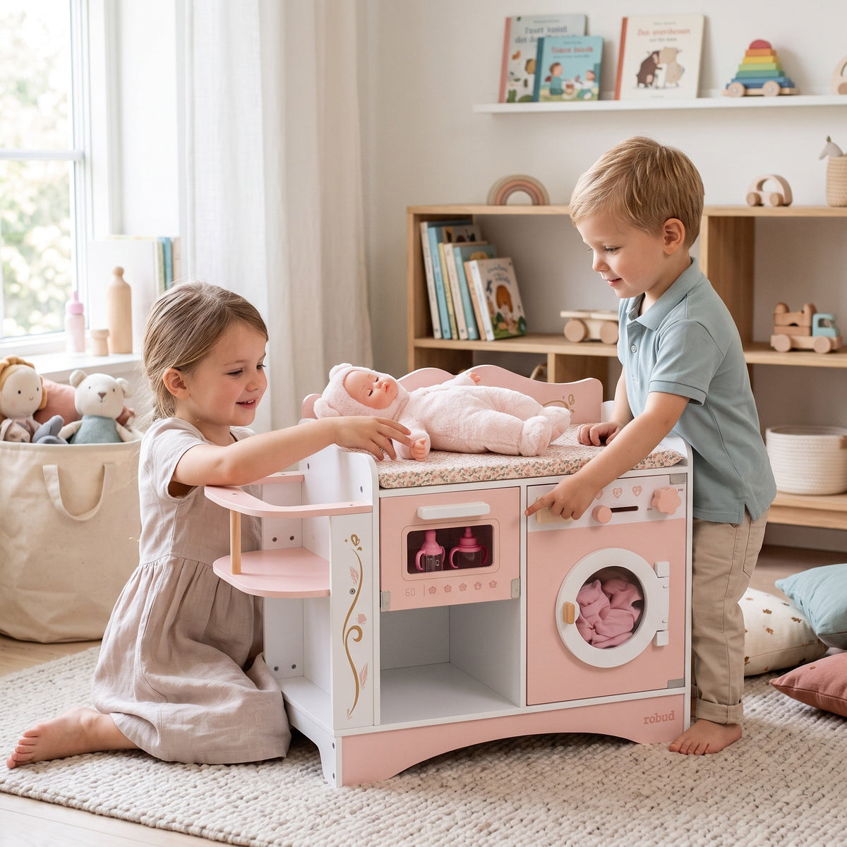 6-in-1 Montessori-poppenverzorgingsstation van hout