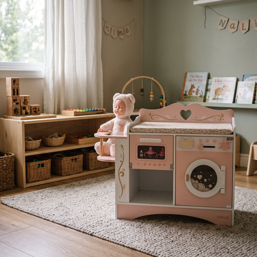 6-in-1 Montessori-poppenverzorgingsstation van hout