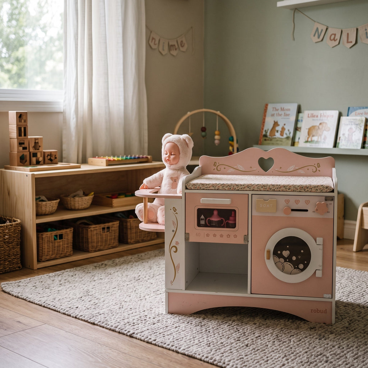 6-in-1 Montessori-poppenverzorgingsstation van hout