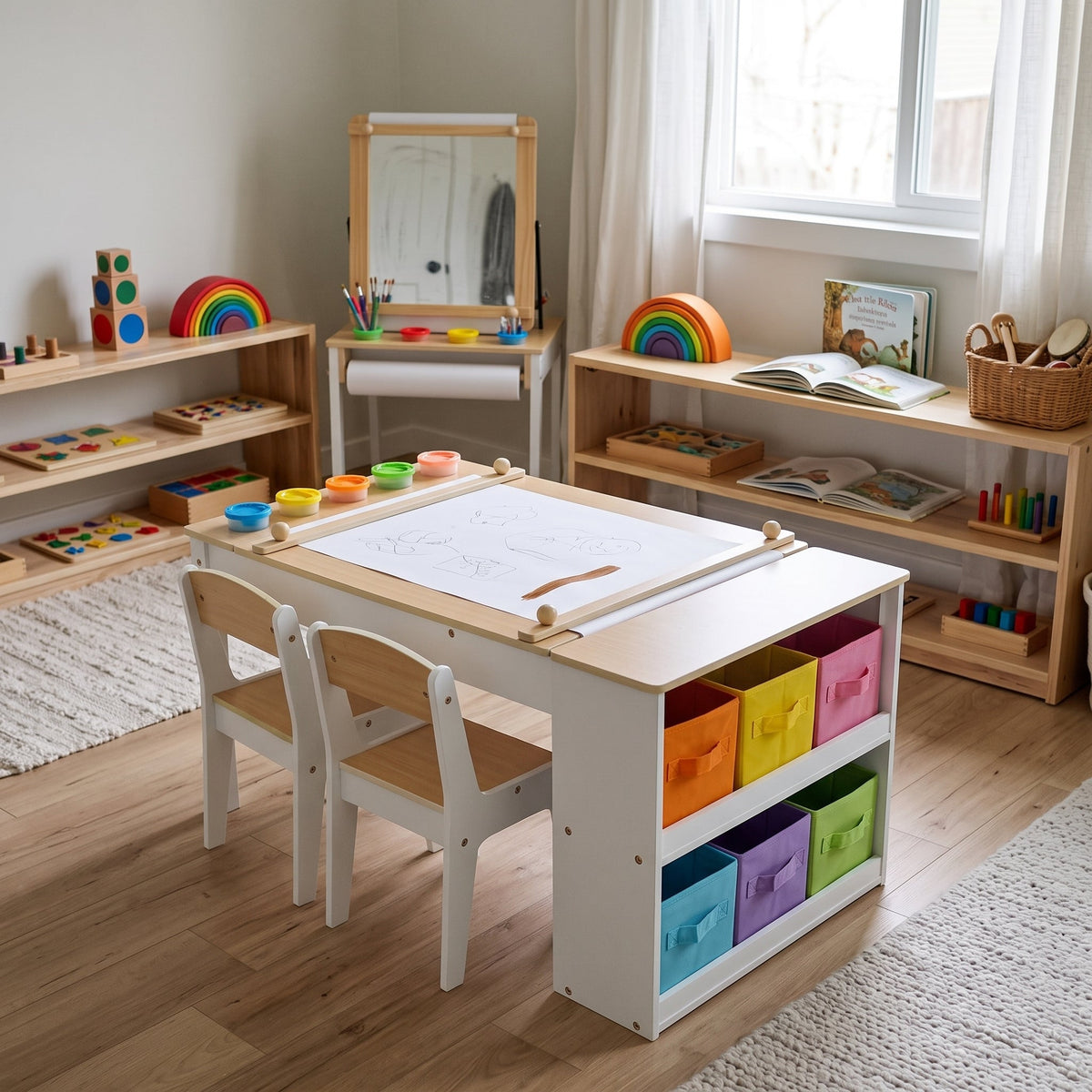 Montessori-activiteitentafel met tekenbord