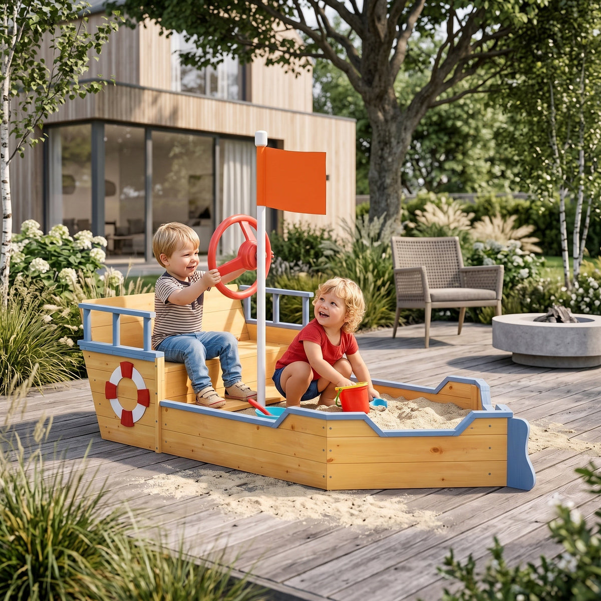 Montessori-zandbak in bootvorm