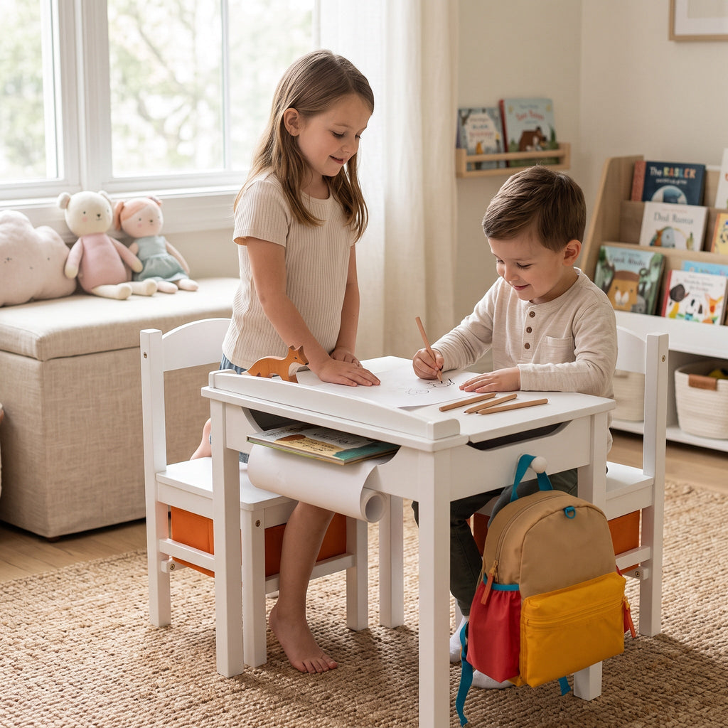 Montessori-bureau met stoel & opbergruimte