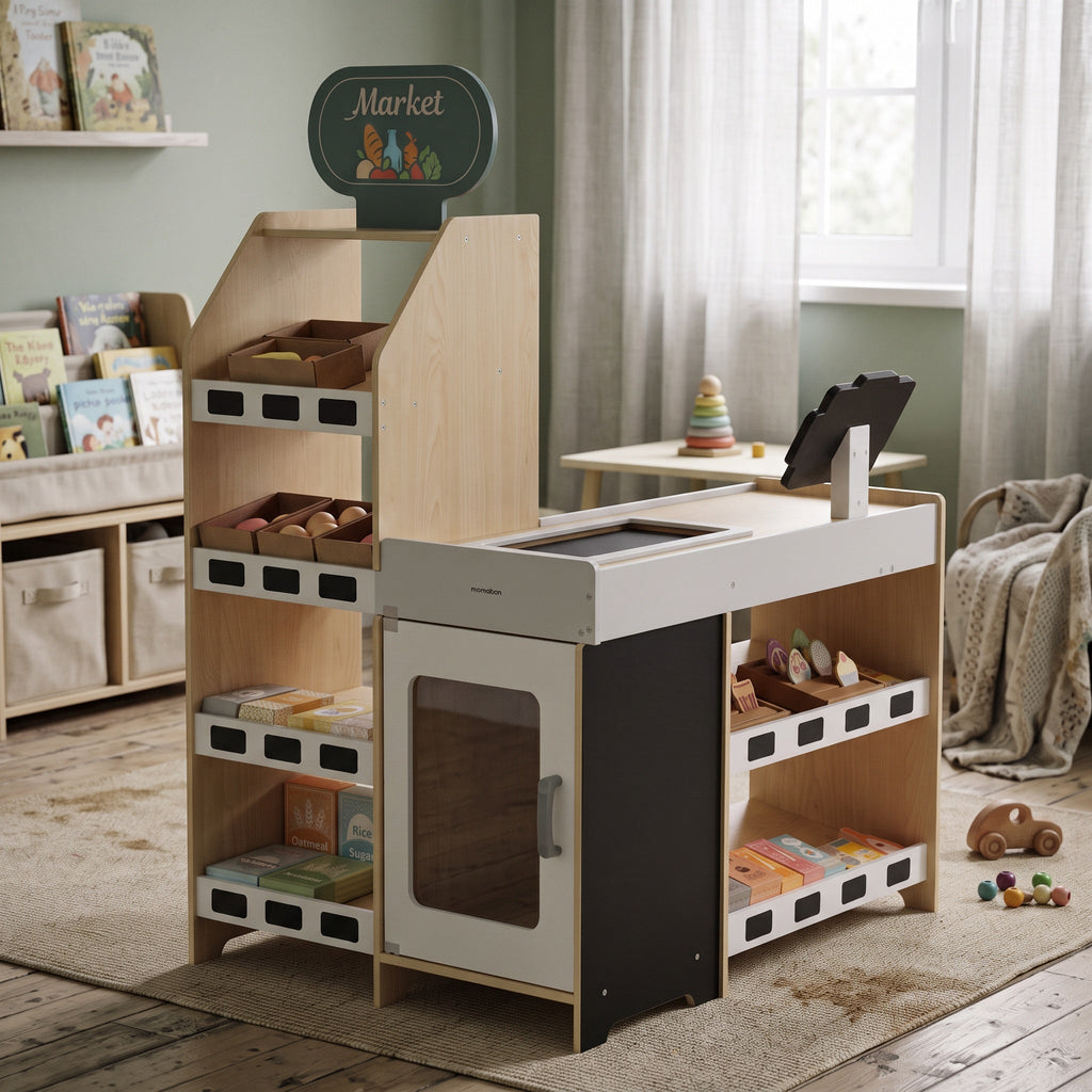 Montessori-marktkraam met kassa
