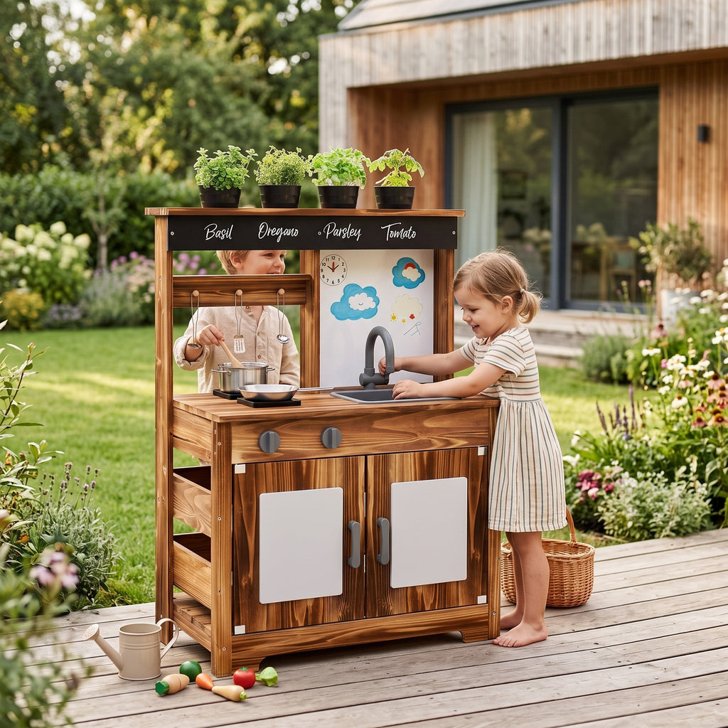 Montessori-houten keuken met spoelbak & kruidenvak