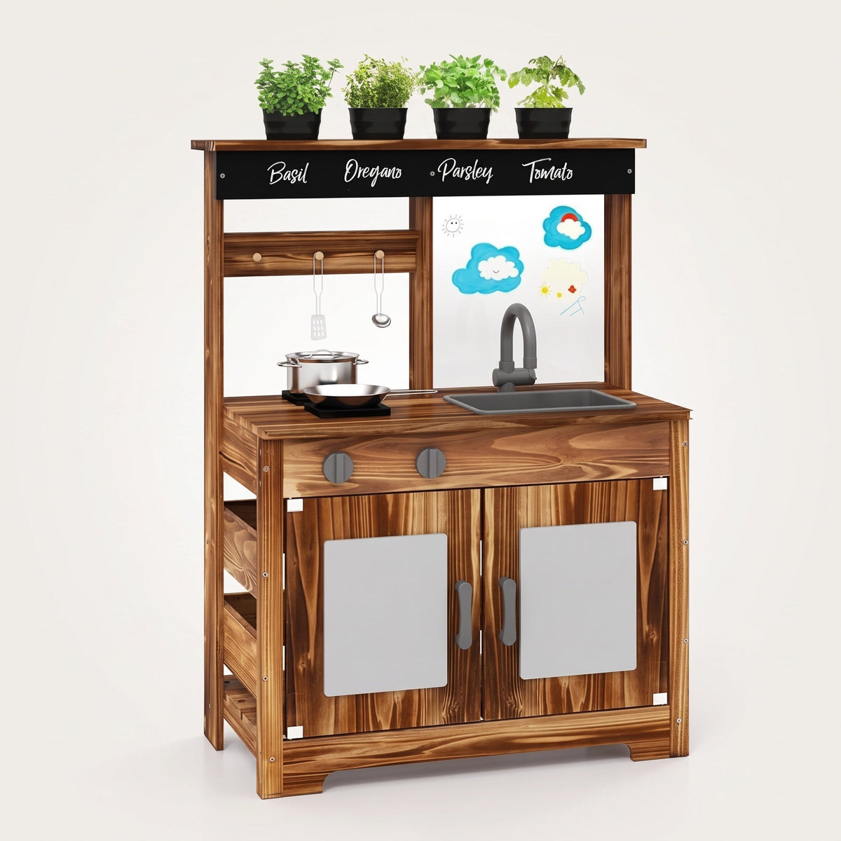 Montessori-houten keuken met spoelbak & kruidenvak
