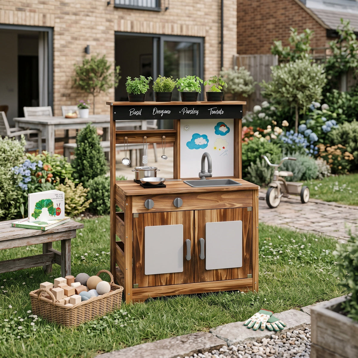 Montessori-houten keuken met spoelbak & kruidenvak